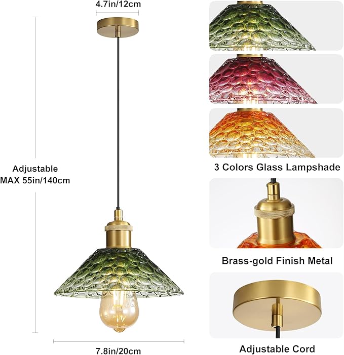 3-Pack Pendant Lights, Modern Glass Ceiling Hanging Light Fixtures,Adjustable Three Color Glass Shades Vintage Gold Chandeliers for Kitchen Island Dining Room Livingroom Entryway Farmhouse Bar-CasaMuseHome