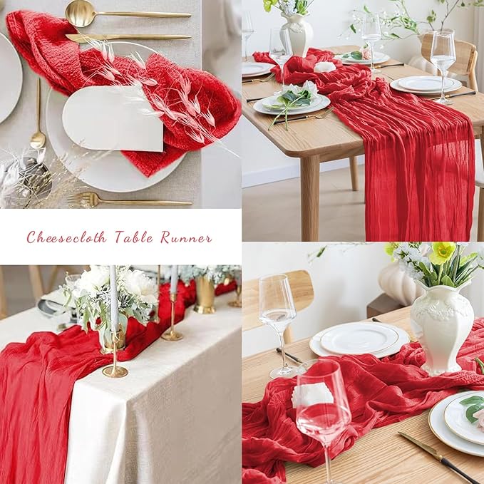 20 Pack Red 10FT Cheesecloth Table Runner Rustic Gauze Fabric Cheese Cloth Table Runner for Wedding Bridal Baby Shower Table Decor Boho Sheer Birthday Party Table Decorations 20 x 120 Inch Long-CasaMuseHome