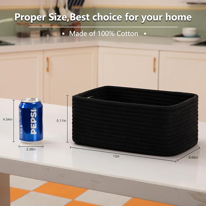 4 Pack Small Storage Shelf Baskets for Organizing, Mini Woven Rope Storage Bins for Towels, Cute Decorative Closet Organizer，Baby Nursery, Gift Empty Baskets -13''Lx8.66''Wx5.11''H-Black-CasaMuseHome