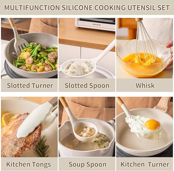 13-Piece silicone utensil set wood handle nonstick cookware safe dishwasher safe kitchen tools BPA free heat resistant (450°F/230°C) ceramic pan safe cooking gifts housewarming (White)-CasaMuseHome