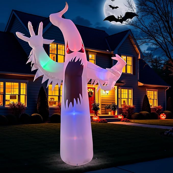 12FT Halloween Inflatables Giant White Ghost, Halloween Inflatable Outdoor Decoration, LED Colored Lights, Scary Red Eyes, Devil Claws, for Indoor and Outdoor Halloween Blow Ups Party Decorations-CasaMuseHome