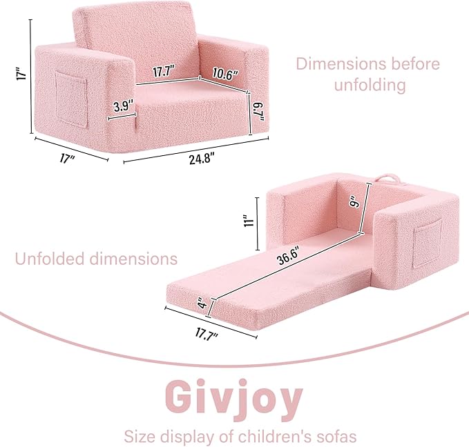 2-in-1 Toddler Chair Sherpa Couch - Soft Kids Lounger for Bedroom, Convertible Sofa for Girls and Boys, Reading Chair, Pink-CasaMuseHome