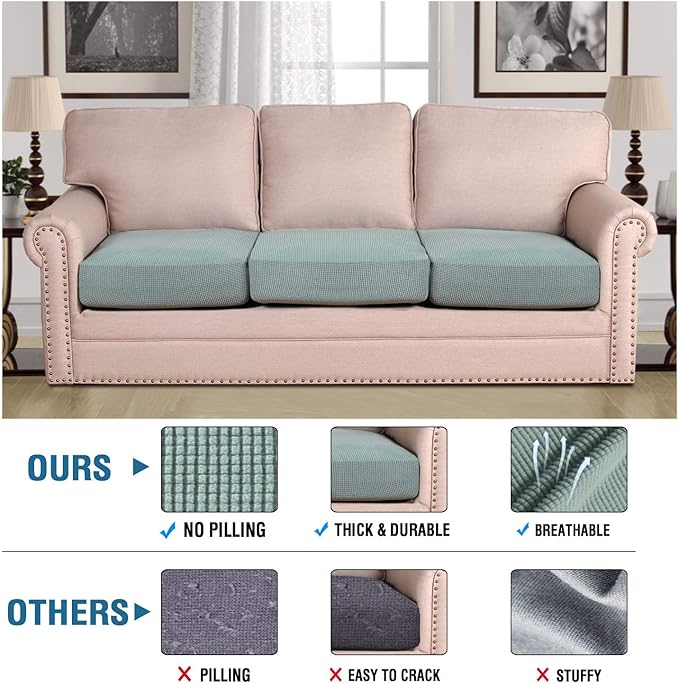 H.VERSAILTEX Super Stretch Individual Seat Cushion Covers Sofa Covers Couch Cushion Covers Slipcover Sets Thick Jacquard Textured Twill Fabric (3 Piece Sofa Cushion Covers, Sage)-CasaMuseHome