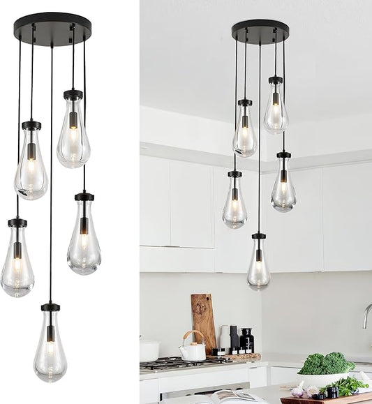 5-Light Raindrop Pendant Light Fixtures, Black Glass Pendant Lighting, Teardrops Modern Hanging Light for Entryway Foyer Kitchen Island Dining Living Room Hallway-CasaMuseHome