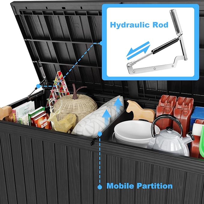 180 Gallon Deck Box,Resin Outdoor Storage Box with Lockable for Patio Furniture, Pool Accessories, Garden Tools Waterproof Outside Storage Box, Black-CasaMuseHome