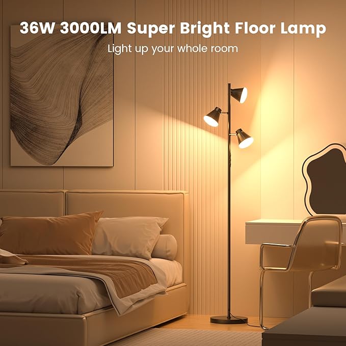 36W LED Tree Floor Lamp, Dimmable Tall Standing Lamp with Remote & Touch Control, 4 Color Temperatures Bright Floor Lamp, 3 Rotatable Light Modern Floor Lamps for Living Room Bedroom Office-CasaMuseHome