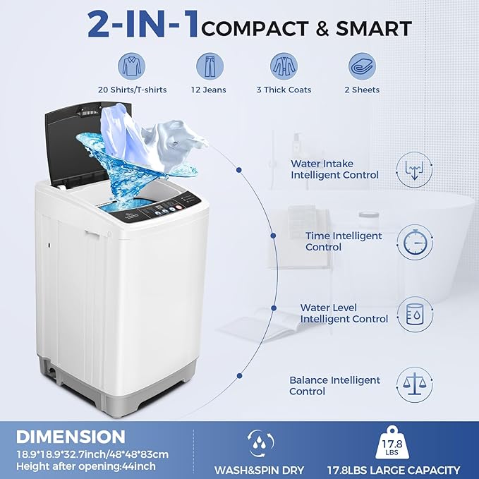 17.8Lbs Portable Washing Machine Nictemaw Portable Washer, 2.3 Cu.ft Washer and Dryer Combo with Drain Pump, 10 Programs 8 Water Level Compact Laundry Washer for Home, Apartment, RV, Dorms-CasaMuseHome