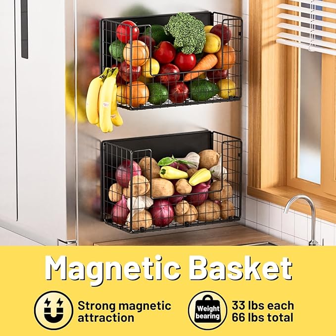2 Set Magnetic Shelf for Fridge, Fruit Potato & Onion Storage Bins, Pantry Organizers & Storage, Large Container Magnetic Basket for Refrigerator, Kitchen Counter, Cabinet, Magnetic Fridge Organizer-CasaMuseHome