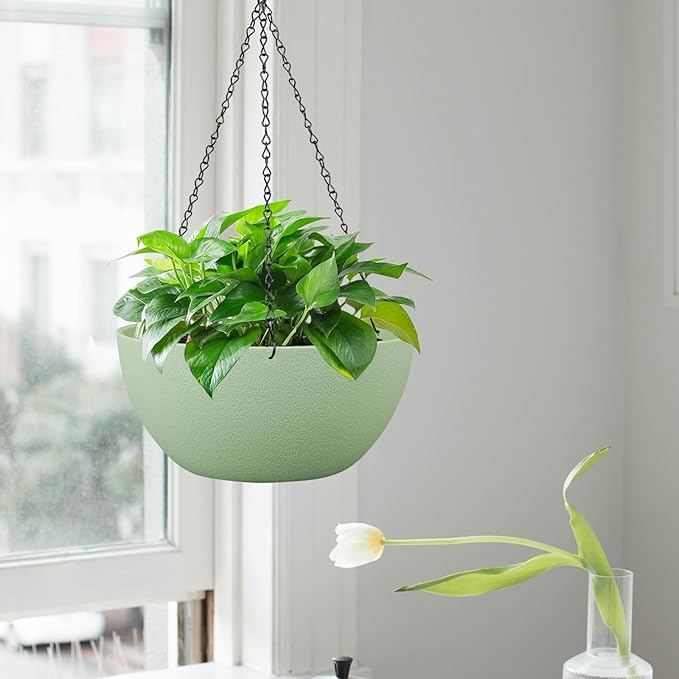 13 inch Large Hanging Planters Plant Pots for Outdoor Indoor Plants with Drainage Holes and Chain, 2 Pack Round Hanging Flower Pots for Garden Home Porch Decor, Green-CasaMuseHome