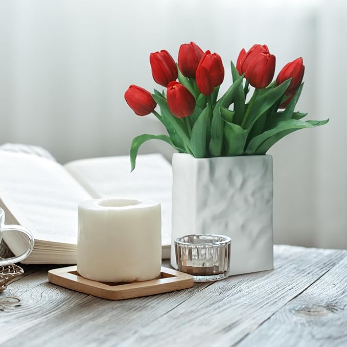 15pcs Artificial Tulips Flowers, Fake Tulips Real Touch, Faux Latex Bouquets, for Party Wedding Home Room Decoration (Red)-CasaMuseHome