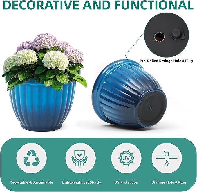 15" H Large Flower Pots, Set of 2 Plastic Planters for Outdoor Plants with Gradient Blue Finish and 3D Textures, Weather-Resistant for Porch, Garden, Patio or Indoor Use-CasaMuseHome
