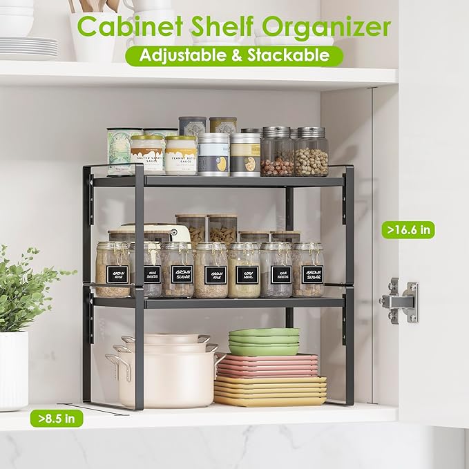 2 Pack Kitchen Countertop Organizer, Stackable Cabinet Shelf Organizer, 2 Tier Adjustable Kitchen Counter Shelves Riser For Pantry Cupboard Bathroom Organization And Storage, Desk Shelf,Spice Rack-CasaMuseHome