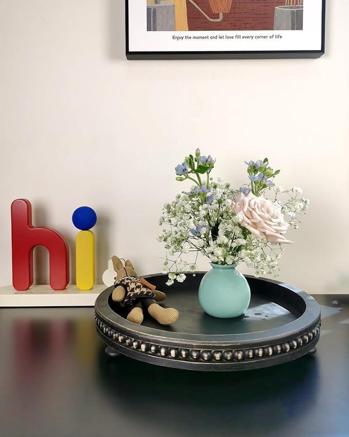 12 Inches Rustic Wooden Decorative Tray, Small Round Beaded Wood Tray for Kitchen Dinning Table Centerpiece Decor Entryway Living Room Home Decor, Black-CasaMuseHome