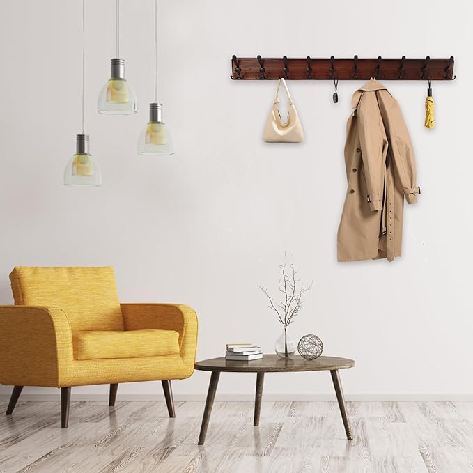 38.6'' Large Coat Rack Wall Mount Coat Hooks Coat Hanger with 10 Metal Black Triple- Hooks Brown Pine Real Wood Plank Hat Rack for Wall Hooks for Hanging Coat Hat Jacket-CasaMuseHome