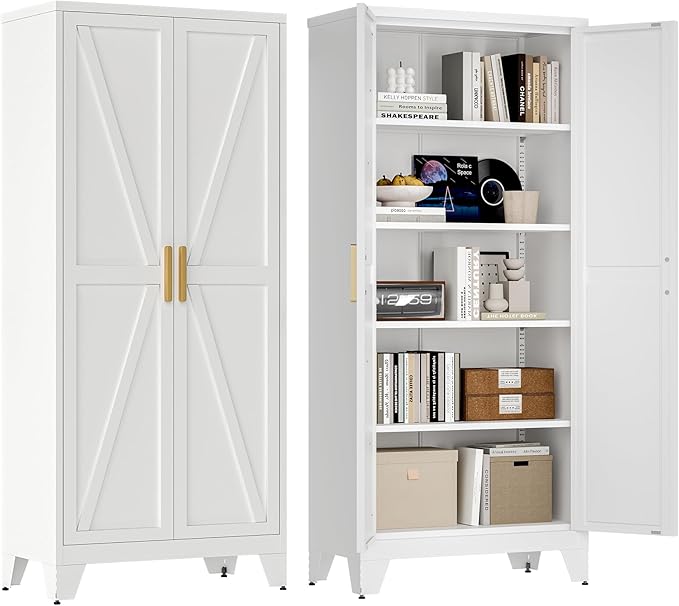 71'' Farmhouse Metal Storage Cabinet with Barn Doors,Steel File Cabinet for Home Office,Kitchen Pantry 4 Adjustable Shelves,Freestanding Cupboard for Kitchen,for Home Office,School (White)-CasaMuseHome