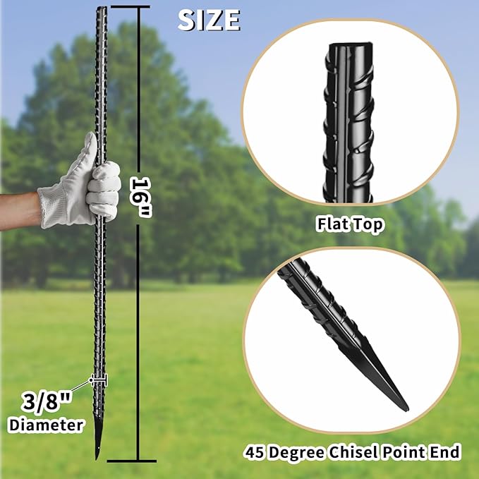 16 inches Rebar Stakes 18-Pack Heavy Duty Ground Stakes Rebar Spikes Garden Stakes Metal Steel Stake for Concrete and Timber Straight Black-CasaMuseHome