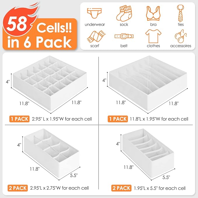 6 Pack Sock Underwear Drawer Organizer Dividers, 58 Cell Foldable Fabric Dresser Closet Organizers and Storage Bins for Clothing, Baby Clothes, Bra, Panty, Scarf, Ties (White)-CasaMuseHome
