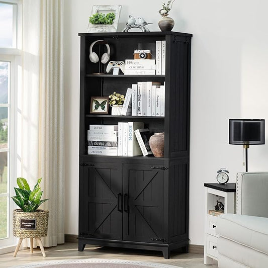 70in Tall Bookshelf 5 Tier Bookcase with Barn Doors and Adjustable Shelves, Black Farmhouse Book Shelf with Storage Cabinet, Wood Freestanding Display Bookshelves for Bedroom, Living Room-CasaMuseHome