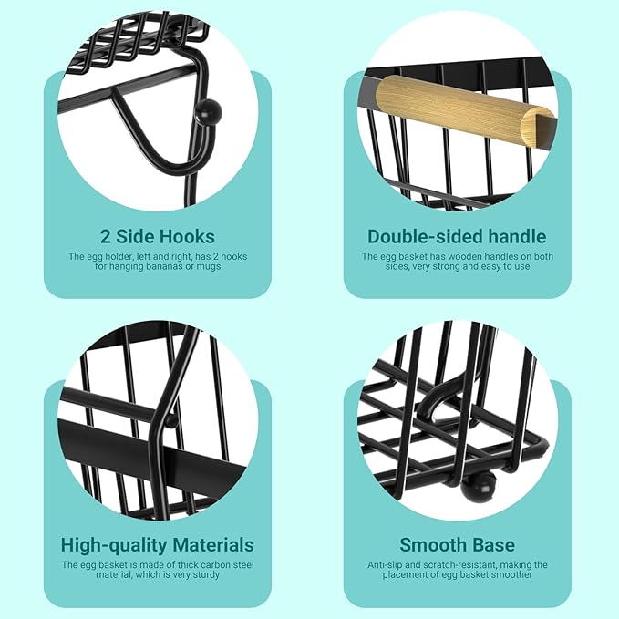 3 Tier Fruit Basket for Kitchen Counter with 2 Banana Hangers, Countertop Metal Fruit Bowl with Wooden Handle, Large Storage Stand for Vegetables, Snacks, Breads, Produce Storage – Black-CasaMuseHome