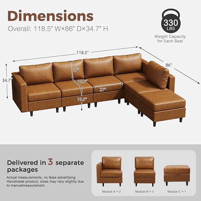 ABCASA 118.5" Faux Leather Modular Sectional Sofa, L Shaped Couch Set for Living Room, 6-Seater Comfy Cloud Couches with Movable Storage Ottoman Brown-CasaMuseHome