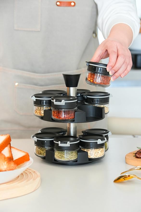 360 rotating 2 tier 12 jars spice rack (12 spice jars) Revolving Seasoning Organizer. Spinning Spice Rack for Counter top and Cabinet-CasaMuseHome
