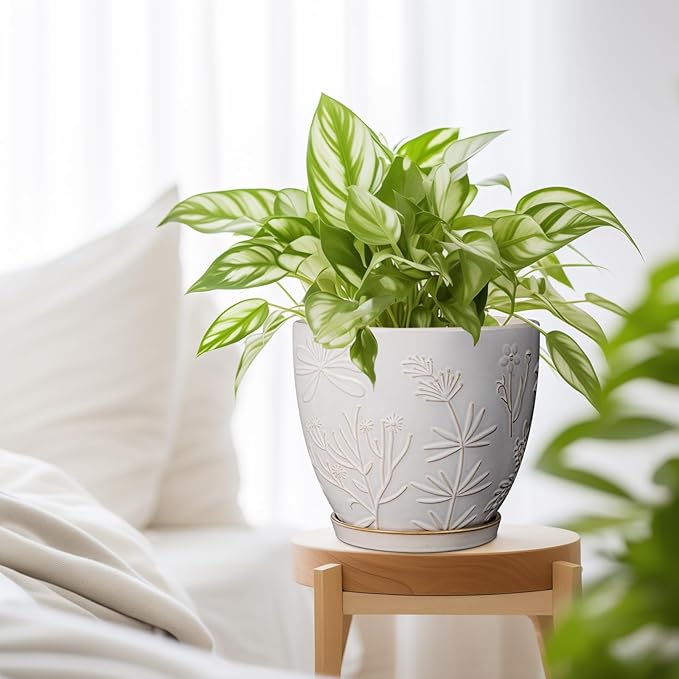 8 Inch Ceramic Pots for Plants Large Planter Pot with Drainage Hole and Saucer Round Flower Pot for Indoor Outdoor Decor, White-CasaMuseHome