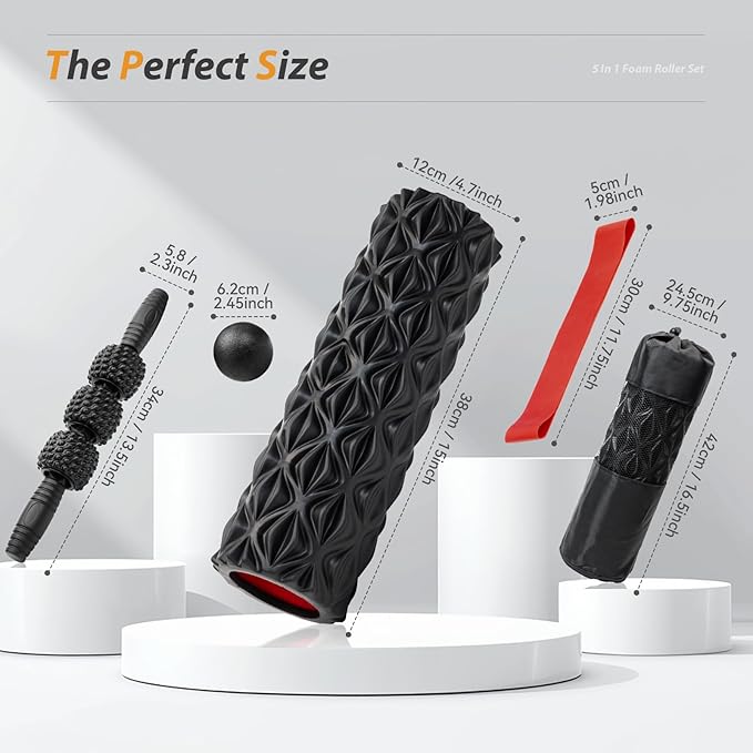 5 in1 Foam Roller Set, Trigger Point Foam Roller, Massage Roller Stick, Massage Ball, Resistance Band for Deep Muscle Massage Pilates Yoga,Fitness Exercise for Whole Body (Pure Black)-CasaMuseHome