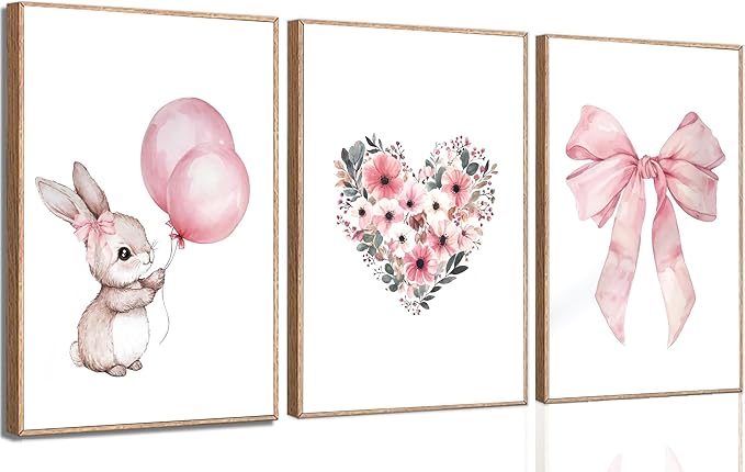 3Pcs Cute Bunny Canvas Wall Art Pink Bow Easter Poster Prints Love Wildflowers Picture Decoration for Nursery Girl Bedroom Children's Room Easter Gifts for Kids Unframed-CasaMuseHome