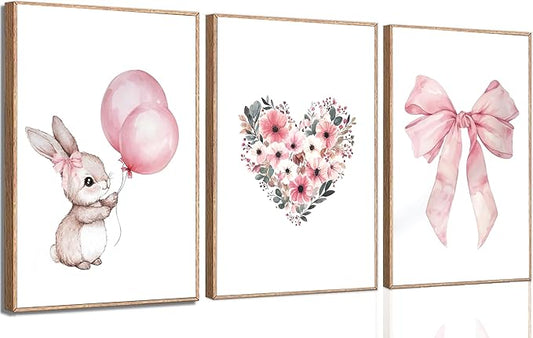 3Pcs Cute Bunny Canvas Wall Art Pink Bow Easter Poster Prints Love Wildflowers Picture Decoration for Nursery Girl Bedroom Children's Room Easter Gifts for Kids Unframed-CasaMuseHome