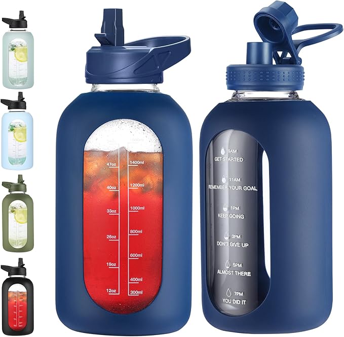64 oz Glass Water Bottle With Straw and Handle, Half Gallon Sports Motivational Water Jug Flask with Silicone Sleeve, Large Water Cup with Time Marker for Travel, Gym, Navy-CasaMuseHome