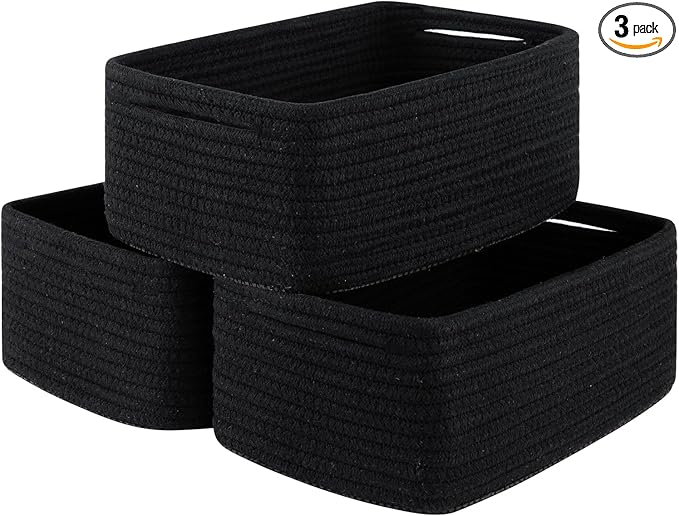 3 Pack Small Storage Baskets for Organizing, Cute Woven Decorative Gift Baskets for Shelves, Mini Closet Organizer Bins with Handles, 11.81''Lx7.87''Wx4.72''H-Black-CasaMuseHome