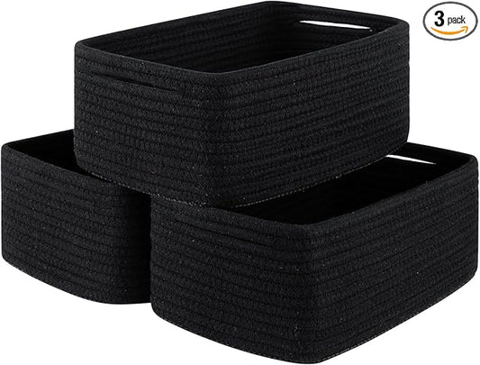 3 Pack Small Storage Baskets for Organizing, Cute Woven Decorative Gift Baskets for Shelves, Mini Closet Organizer Bins with Handles, 11.81''Lx7.87''Wx4.72''H-Black-CasaMuseHome