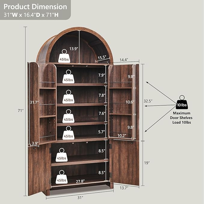 71" Tall Arched Bathroom Storage Cabinet, Modern Fluted Storage Cabinet w/Doors, 3 Adjustable Shelves, 6 Door Shelves, Wood Freestanding Cabinet for Bathroom, Entryway, Hallway, Brown-CasaMuseHome