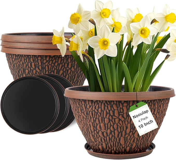 4 Pack 10 Inch Plant Pot, Flower Pots Outdoor with Drainage Hole & Tray, Thickened Plastic Planters for Indoor Outdoor Plants, Lightweight Modern Decorative Garden Pot with Saucer-CasaMuseHome