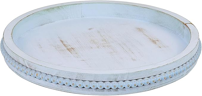 Round Wood Serving Tray with Beads, Blue Washed Wooden Decorative Tray for Entertaining, Decoration, and Gifting-CasaMuseHome