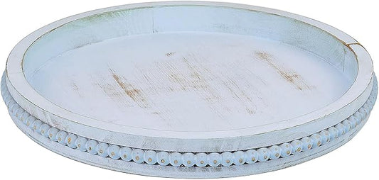 Round Wood Serving Tray with Beads, Blue Washed Wooden Decorative Tray for Entertaining, Decoration, and Gifting-CasaMuseHome