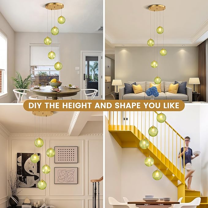 5-Light Chandelier, Globe Green Glass Flush Mount Pendant Light,15W Ceiling Hanging Light for Staircase Foyer Entryway Living Room Hotel Kitchen Island（3000K,G9 Bulbs Include）-CasaMuseHome