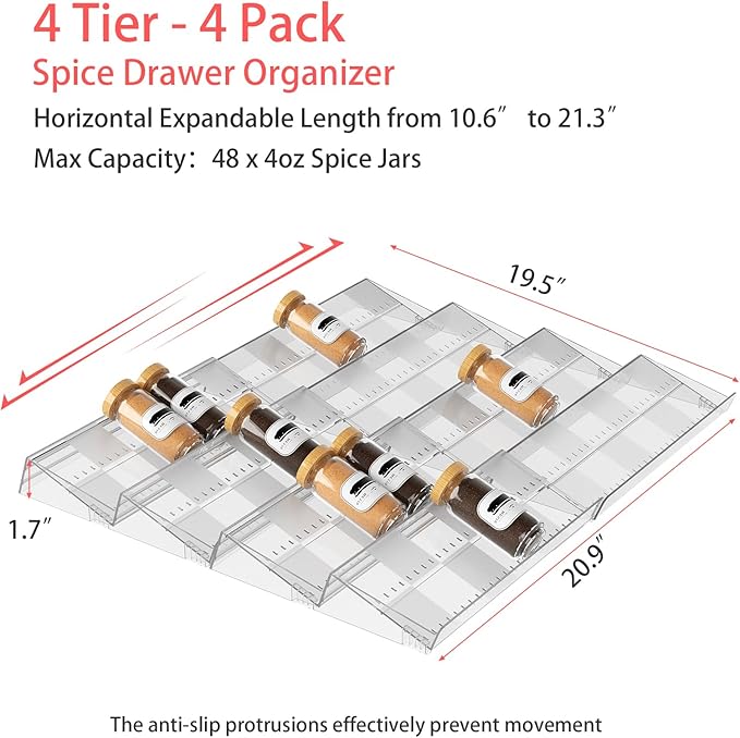 4-Tier Non-Slip Spice Drawer Organizer, 4-Pack Checkered Frosted Clear Acrylic, Expandable (11''-22'') Spice Rack for Kitchen Drawer Storage – Holds Seasonings, Herbs, and Spices (Jars Not Included)-CasaMuseHome