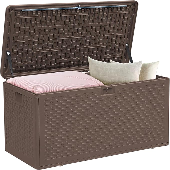 73 Gallon Pro Outdoor Storage Box Waterproof Lockable Resin Deck Box Large, Patio Storage Bin for Pool Accessories Cushion Furniture, Garden Tools, UV-Resistant Outside Delivery Brown-CasaMuseHome