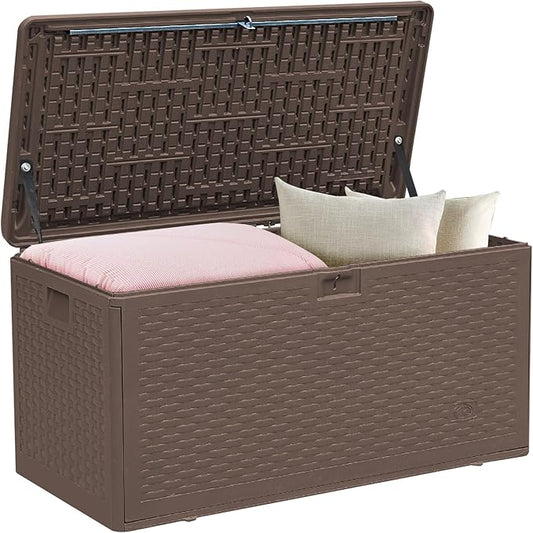 73 Gallon Pro Outdoor Storage Box Waterproof Lockable Resin Deck Box Large, Patio Storage Bin for Pool Accessories Cushion Furniture, Garden Tools, UV-Resistant Outside Delivery Brown-CasaMuseHome