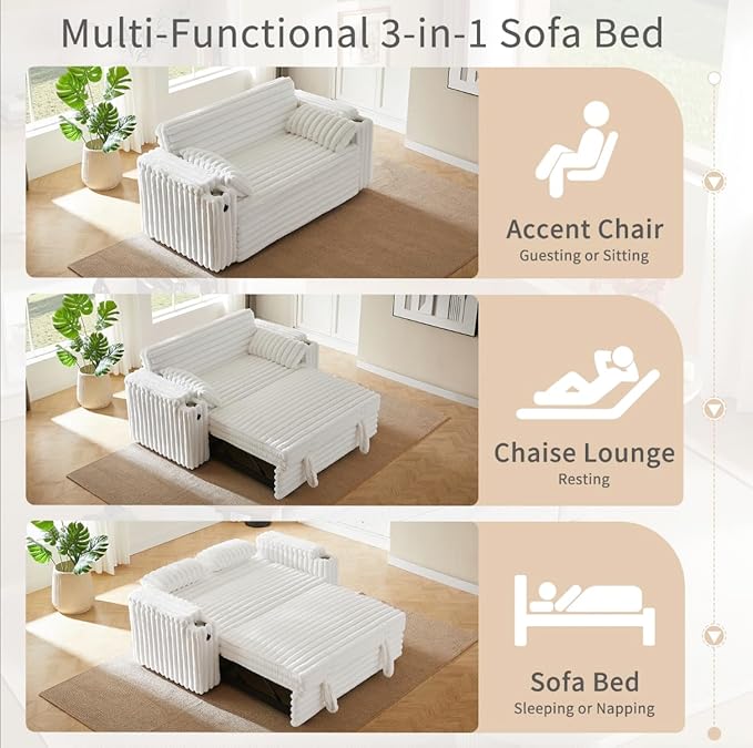 68.11" Corduroy Sleeper Chair Bed with USB Port, Cup Holders & Side Storage Pockets – 3-in-1 Foldable Sofa Bed for Guest Room, Living Room -White-CasaMuseHome