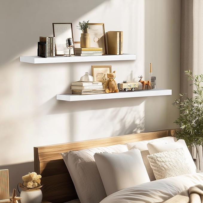 36"x6.8"x1.2" Solid Wood Floating Shelves 2-Pack - Rustic White Finish with Hidden Brackets, Perfect for Storage and Décor in Living Room, Kitchen, Bedroom-CasaMuseHome
