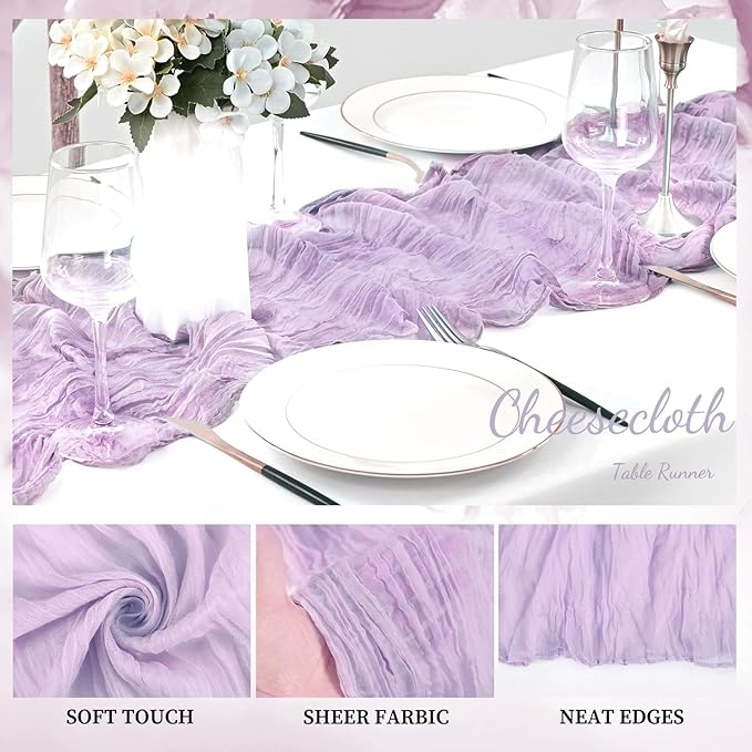 20 Pack Lilac Cheesecloth Table Runner 10FT Rustic Gauze Cheese Cloth Table Runner for Wedding 20 x 120 Inch Long Bridal Baby Shower Table Decor Boho Fabric Sheer Birthday Party Table Decorations-CasaMuseHome