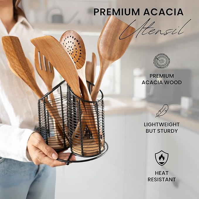 360° Rotating Kitchen Utensil Holder- 3 Compartment Organizer with Cork Bottoms | Includes Premium 9-Piece Acacia Wood Utensil Set | Professional & Home Luxury Design | Metal Utensil Crock (Black)-CasaMuseHome