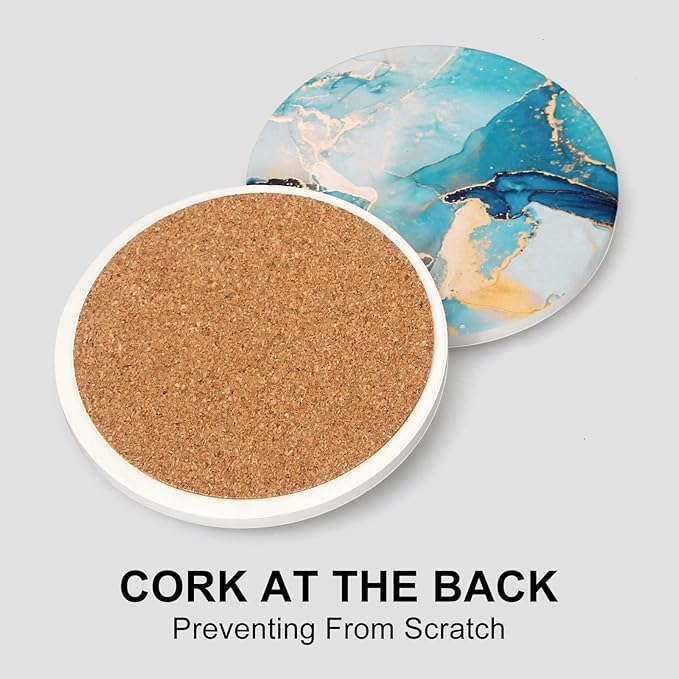 6 Pcs Light Blue Marble Abstract Ceramic Coasters with Holder Best Round Drink Absorbent Coasters for Desk, Lounge, Coffee, Wine, Beverage, Dining Table Decor, Bar Coaster Set-CasaMuseHome