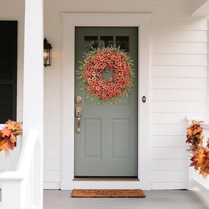 26" Fall Wreath for Front Door, Porch, Window - Large Artificial Boxwood Leaves with Fake Daisy Flowers Outdoor Wreath Faux Eucalyptus for Home Farmhouse Harvest Festival Thanksgiving Day Autumn Decor-CasaMuseHome
