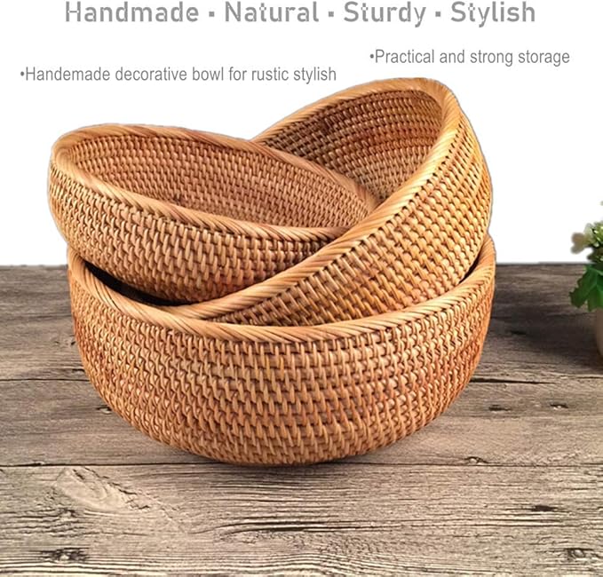 3 Pack Hadewoven Round Rattan Fruit Basket Wicker Food Tray Weaving Storage Holder Dinning Room Bowl, 10 Inch Small Wicker Basket Serving Tray Woven Basket for Bread,Snack,Brown(3-Size Kit)-CasaMuseHome