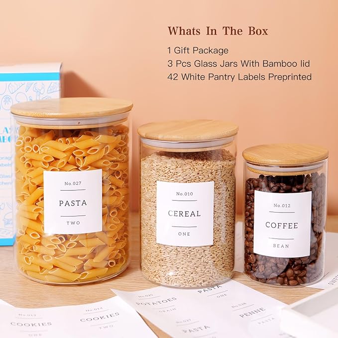 3 Pcs Glass Canisters with Airtight Bamboo Lids and 42 Kitchen Pantry Labels Preprinted - Clear Glass Flour and Sugar Storage Container Set - Large Glass Jars with Wood Lids(100 OZ/54 OZ/27 OZ)-CasaMuseHome