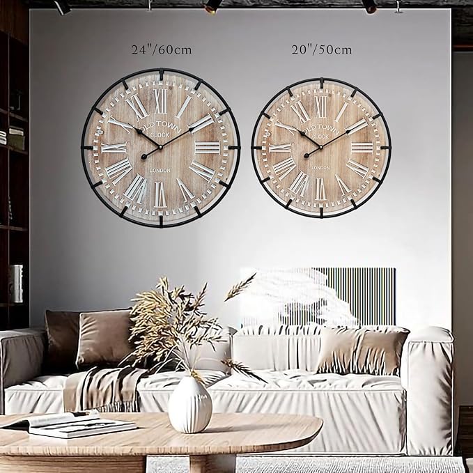 24 Inch Grand Farmhouse Wall Clock, Vintage-Inspired Wood & Metal Design with Large Etched Numbers, Silent Battery-Powered Timepiece for Offices, Kitchens, Bedrooms, and Living Rooms-CasaMuseHome