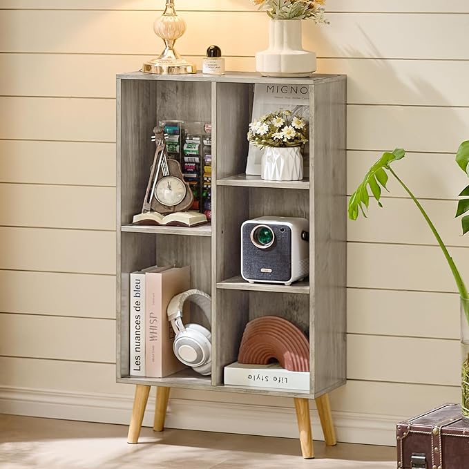 5 Cube Small Bookshelf,3 Tier Mid-Century Modern Bookcase with Legs,Wood Bookshelves Storage Organizer Shelf,Free Standing Narrow Book Shelves,Rustic Grey Corner Bookcases for Bedroom,Living Room-CasaMuseHome